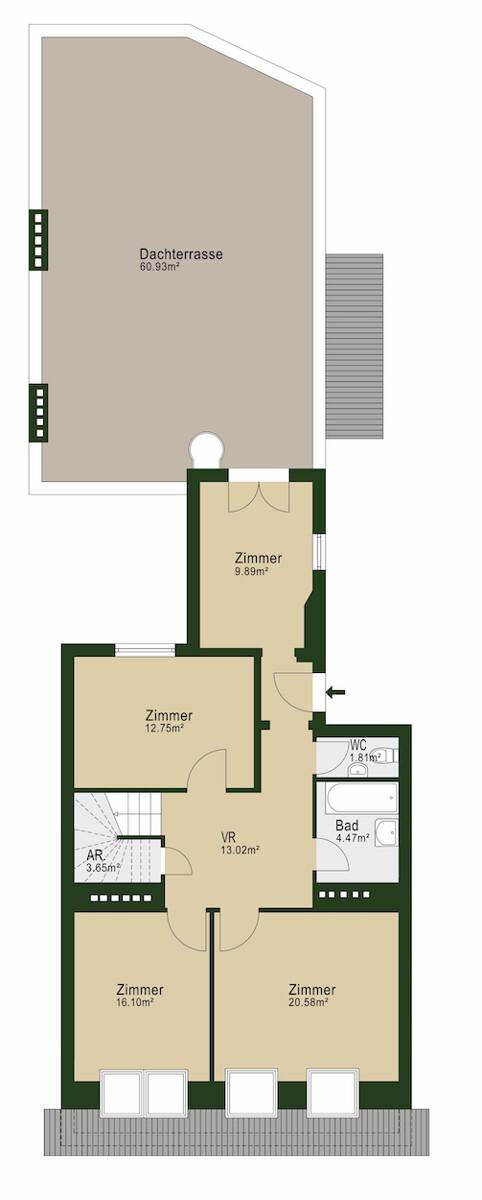 Grundriss des Obergeschosses mit drei Zimmern, Bad und großer Dachterrasse.