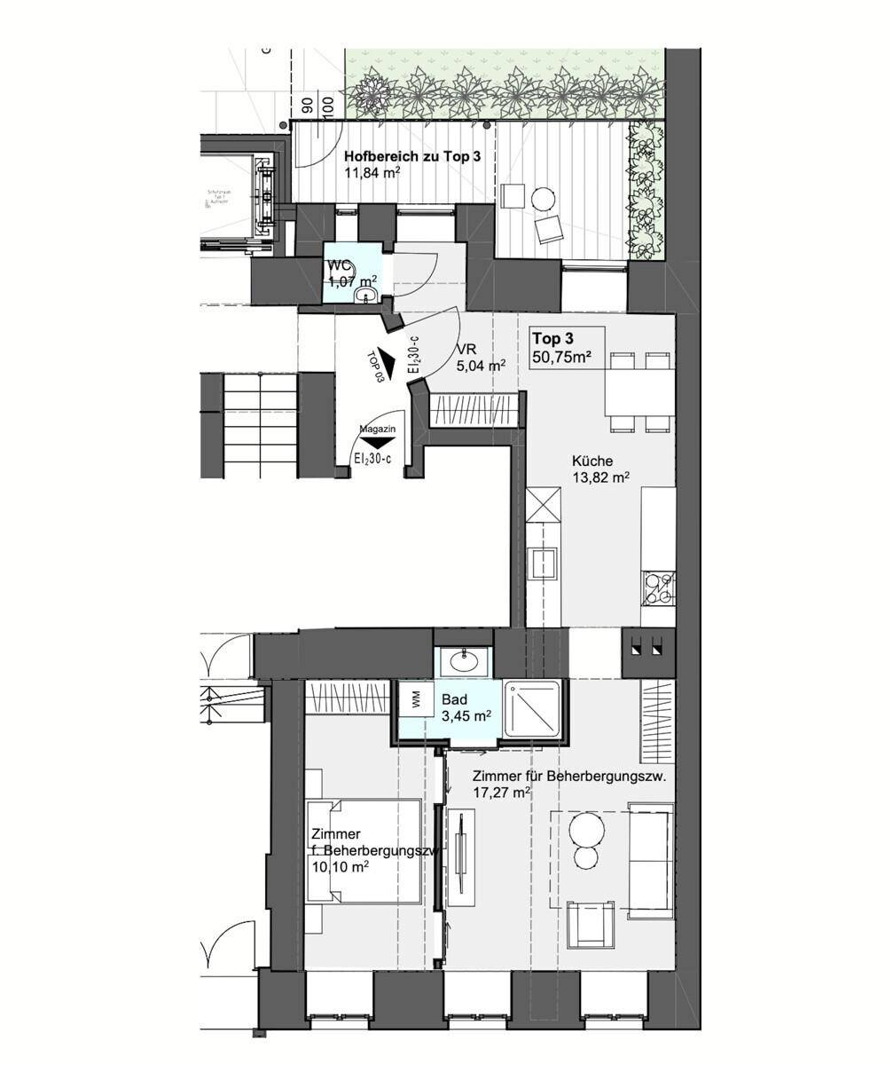 Grundriss einer Wohnung mit offener Küche, Bad, separatem WC und Zugang zu einem Hofbereich.