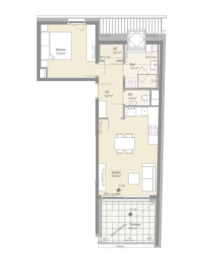 Grundriss einer Wohnung mit einem Schlafzimmer, offenem Wohnbereich, Bad, WC und Terrasse.
