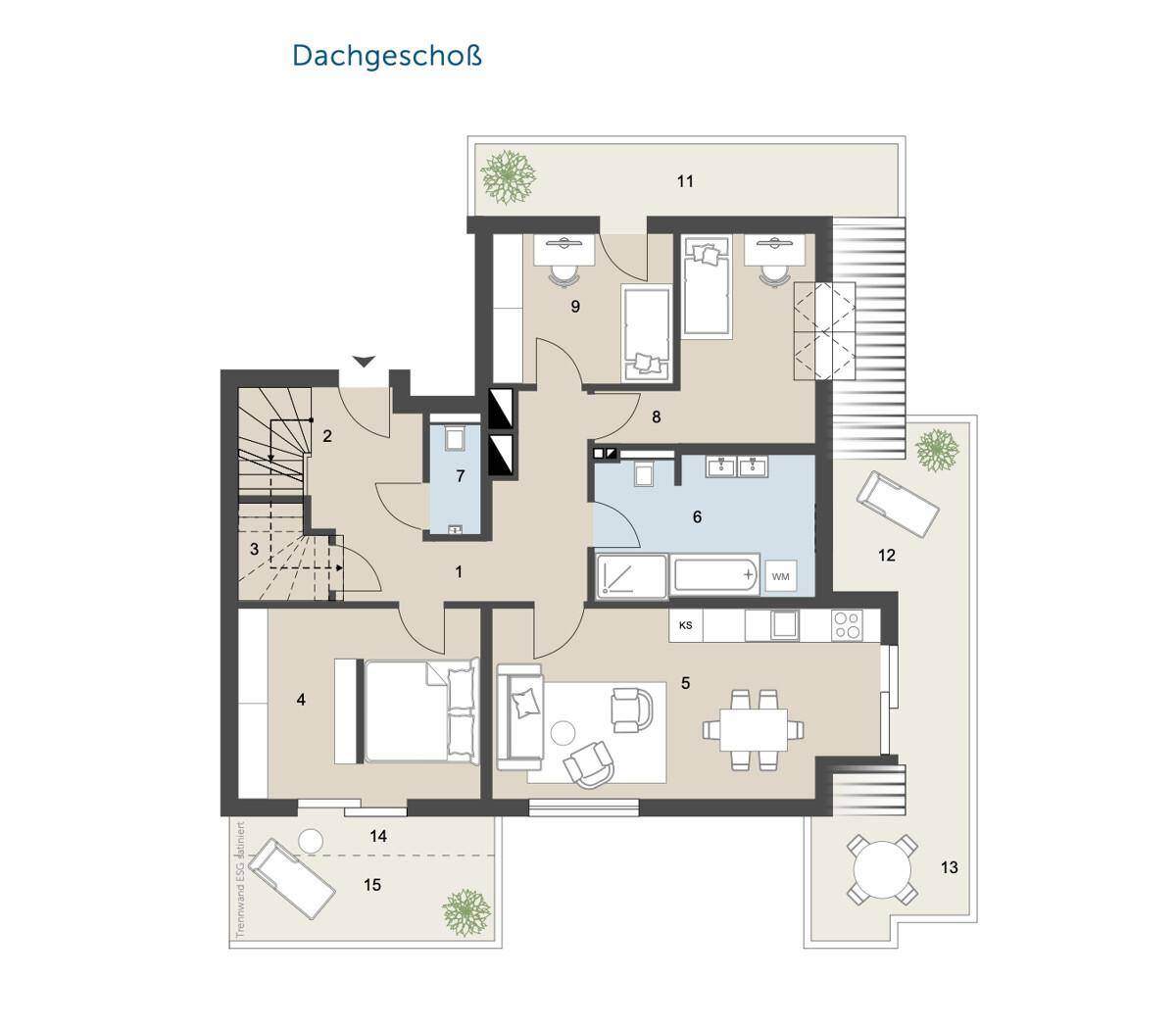 Grundriss des Dachgeschosses mit drei Schlafzimmern, Bädern und Terrassenzugang.