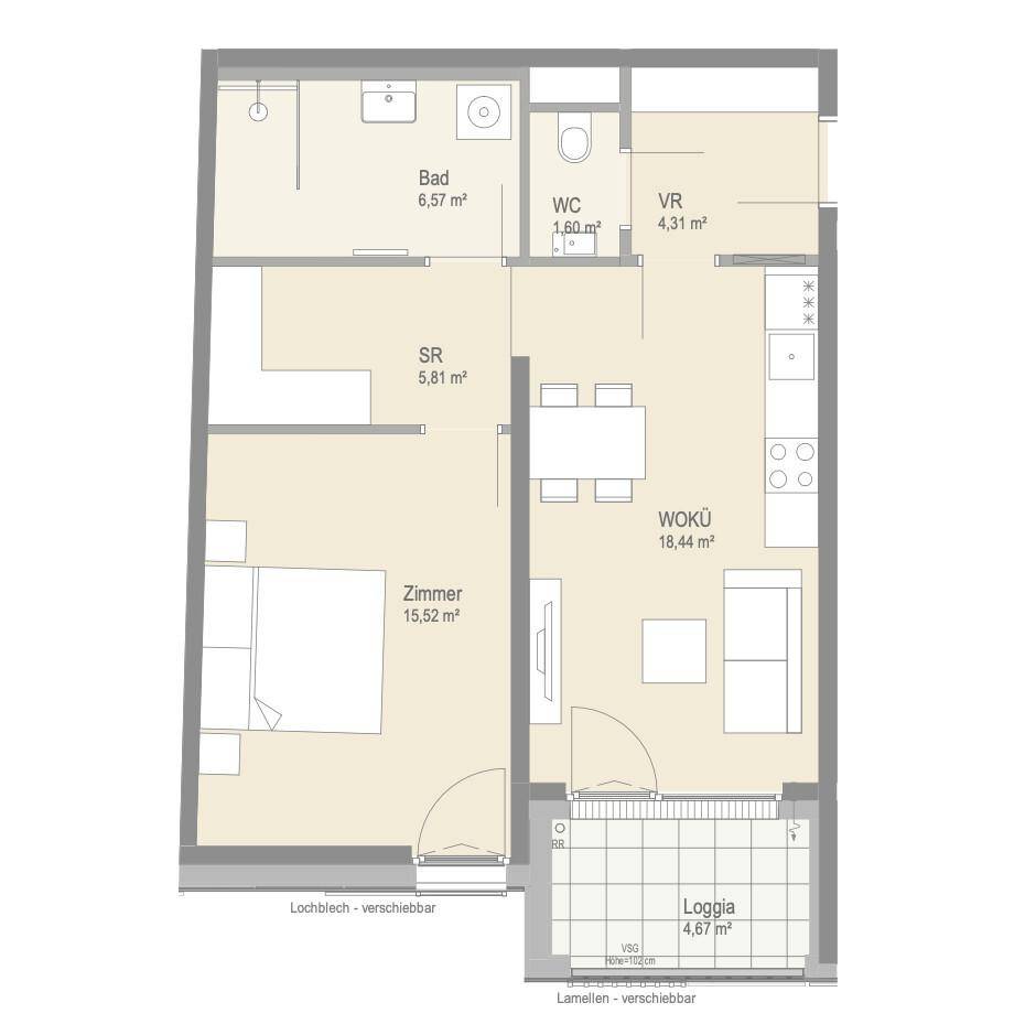 Grundriss einer Wohnung mit Wohnküche, Schlafzimmer, Bad, WC und Loggia.