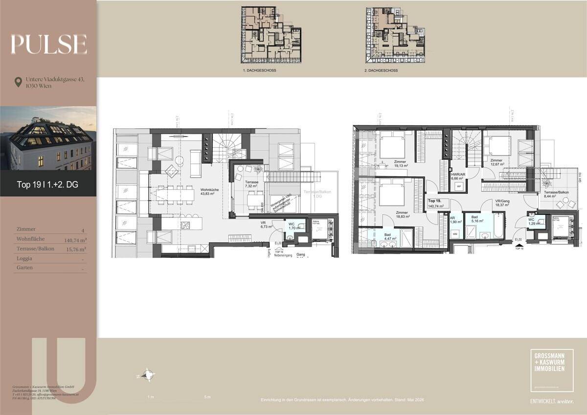 Grundriss einer modernen Maisonette-Wohnung im Dachgeschoss mit offenem Wohnbereich, mehreren Schlafzimmern und großzügigen Terrassen.