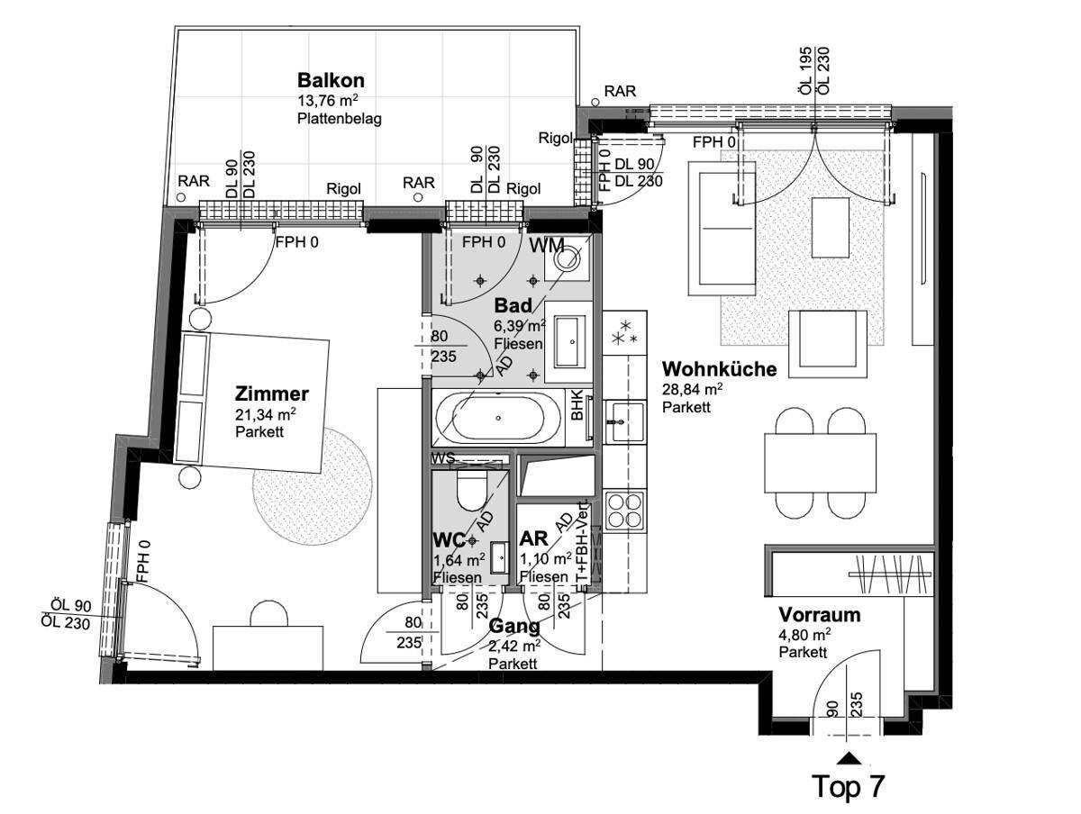 Grundriss einer Wohnung mit offener Wohnküche, Schlafzimmer, Bad, WC und Balkon.