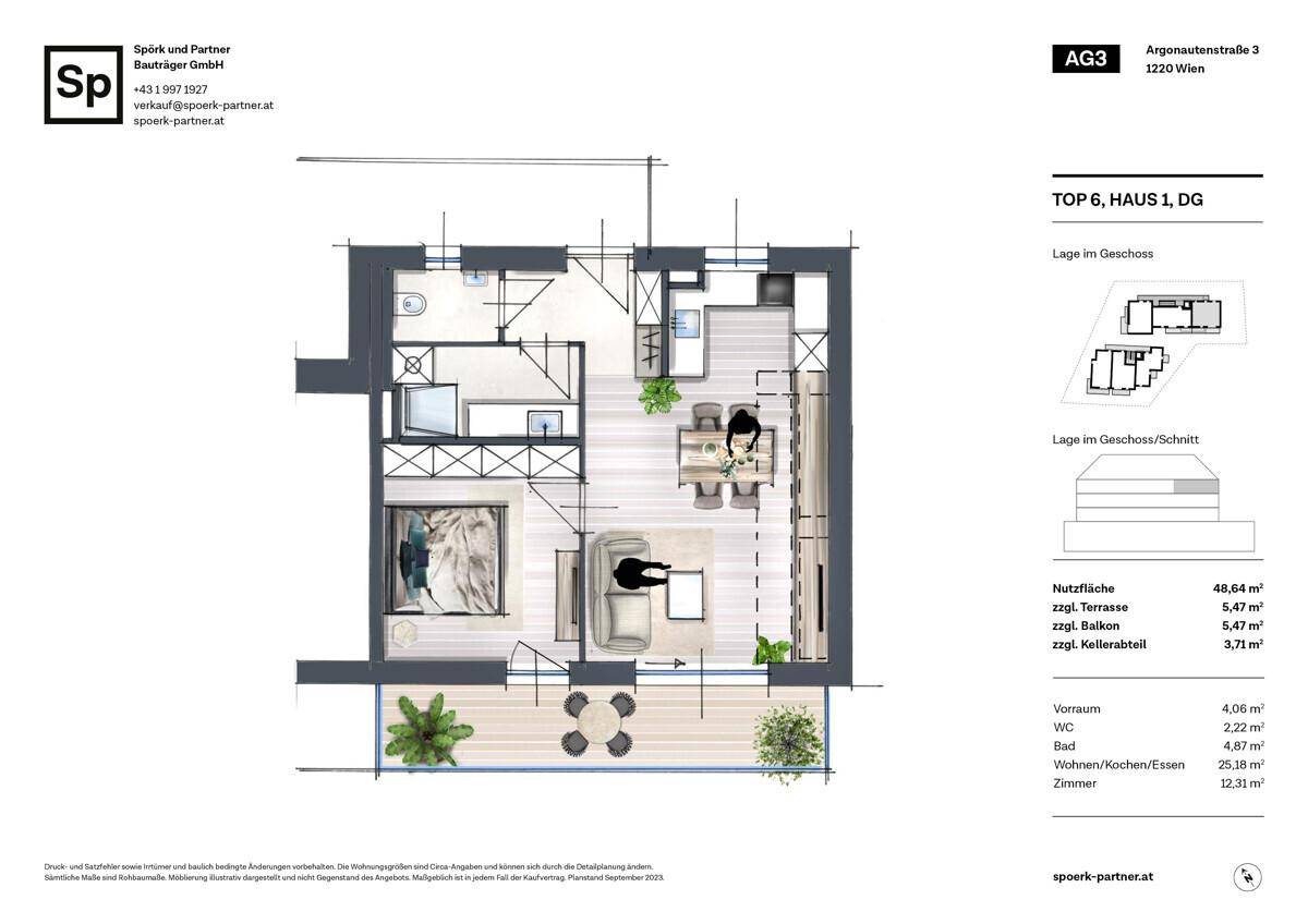Grundriss einer Wohnung mit offenem Wohnbereich, Terrasse und Balkon.