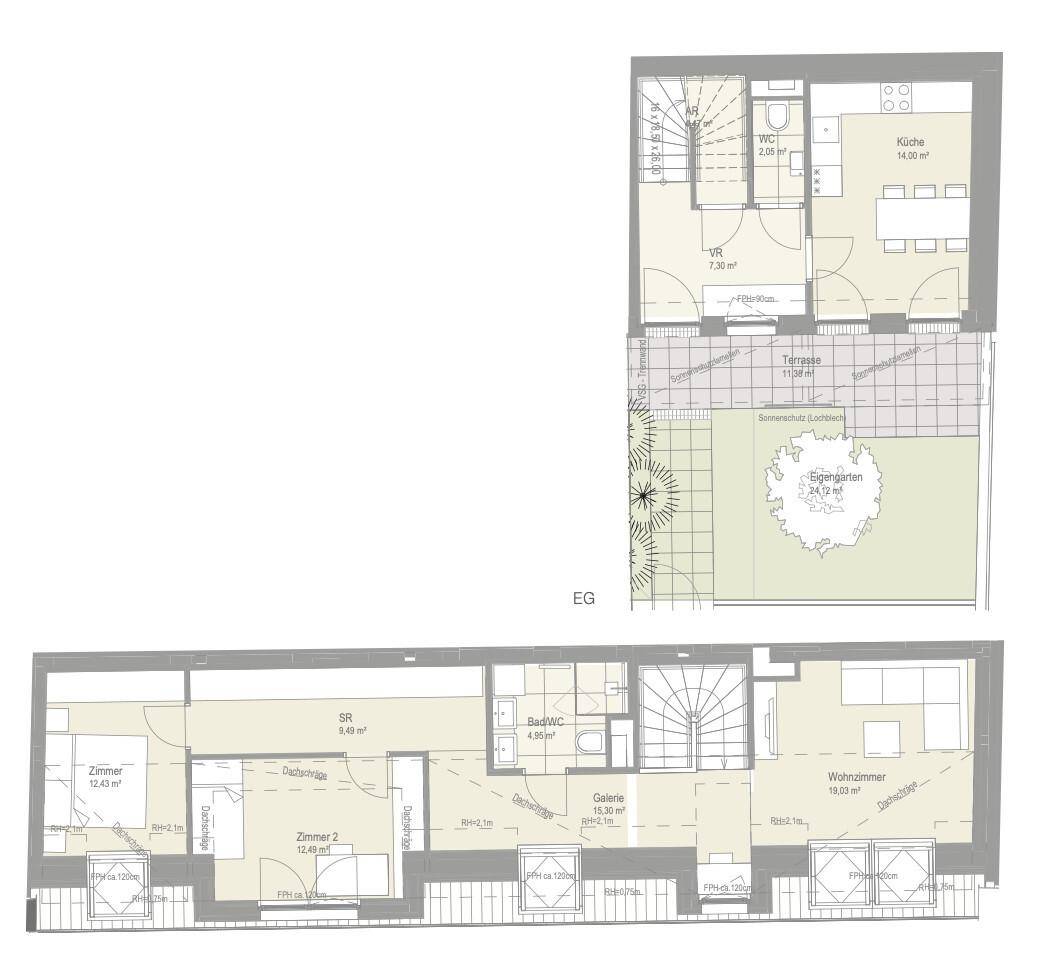 Grundrissplan zeigt zwei Ebenen mit Wohnzimmer, Küche, Schlafzimmern und Garten.