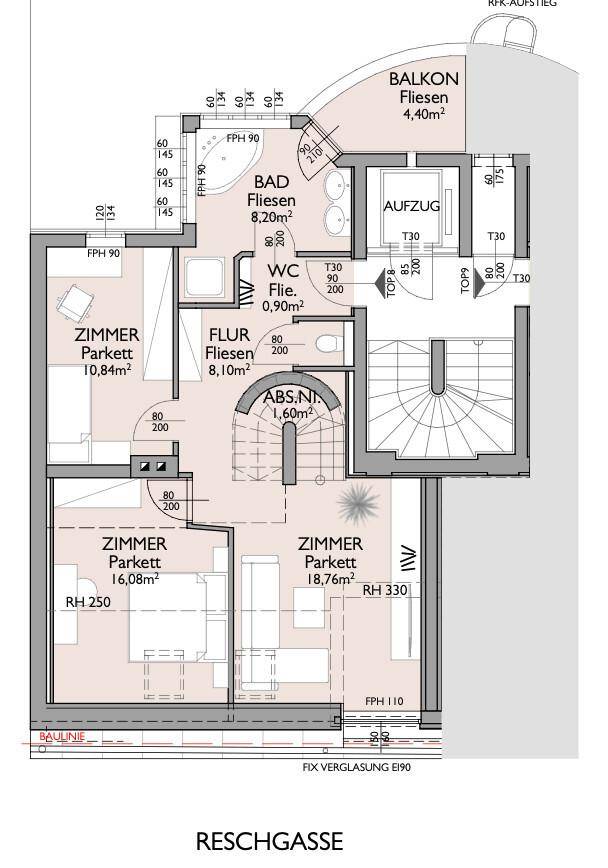 Grundriss des Obergeschosses mit drei Zimmern, Bad, WC und Balkon.