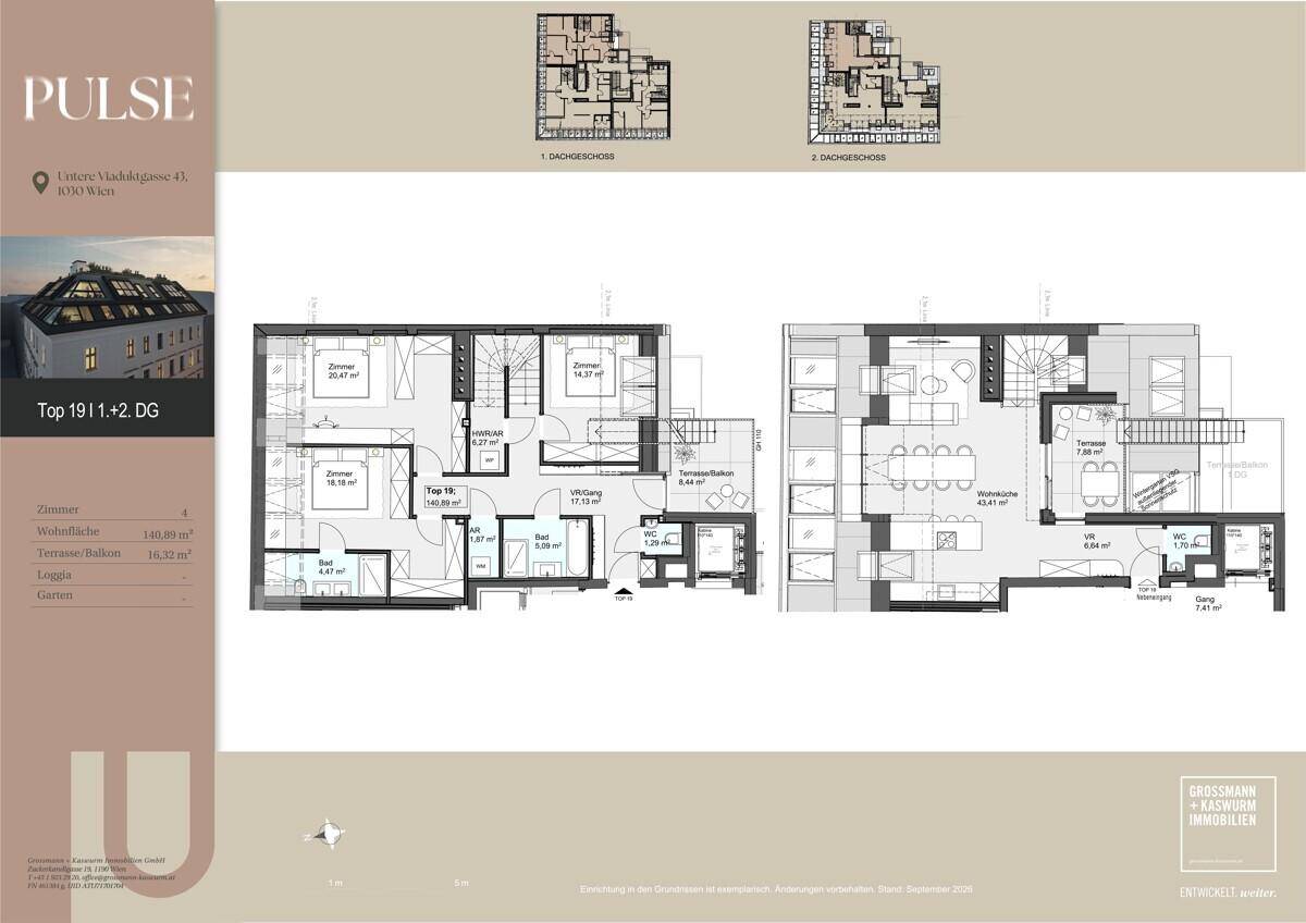 Grundriss einer Maisonette-Wohnung mit zwei Ebenen, Balkon und Terrasse.