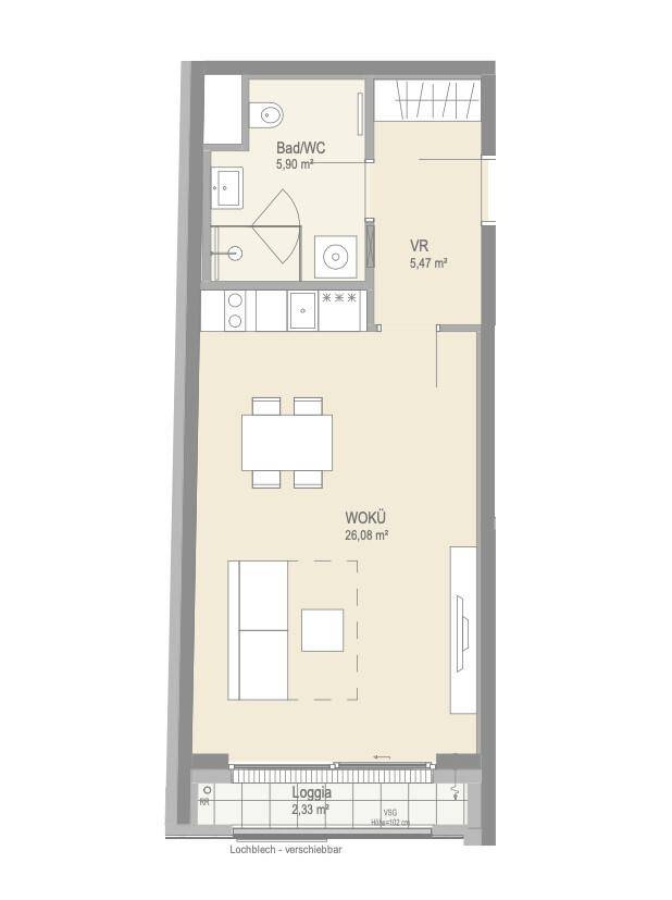 Grundriss einer Wohnung mit offenem Wohn-Kochbereich, Bad und Loggia.
