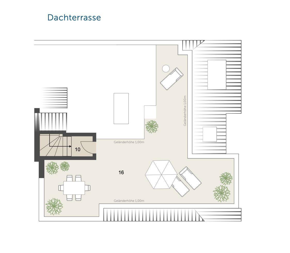 Grundriss der Dachterrasse mit Sitzbereichen und viel Platz für Entspannung.