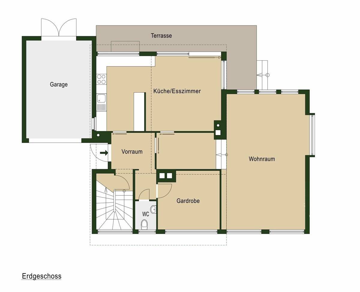 Grundriss des Erdgeschosses mit Wohnraum, Küche/Esszimmer, Garage und Terrasse.