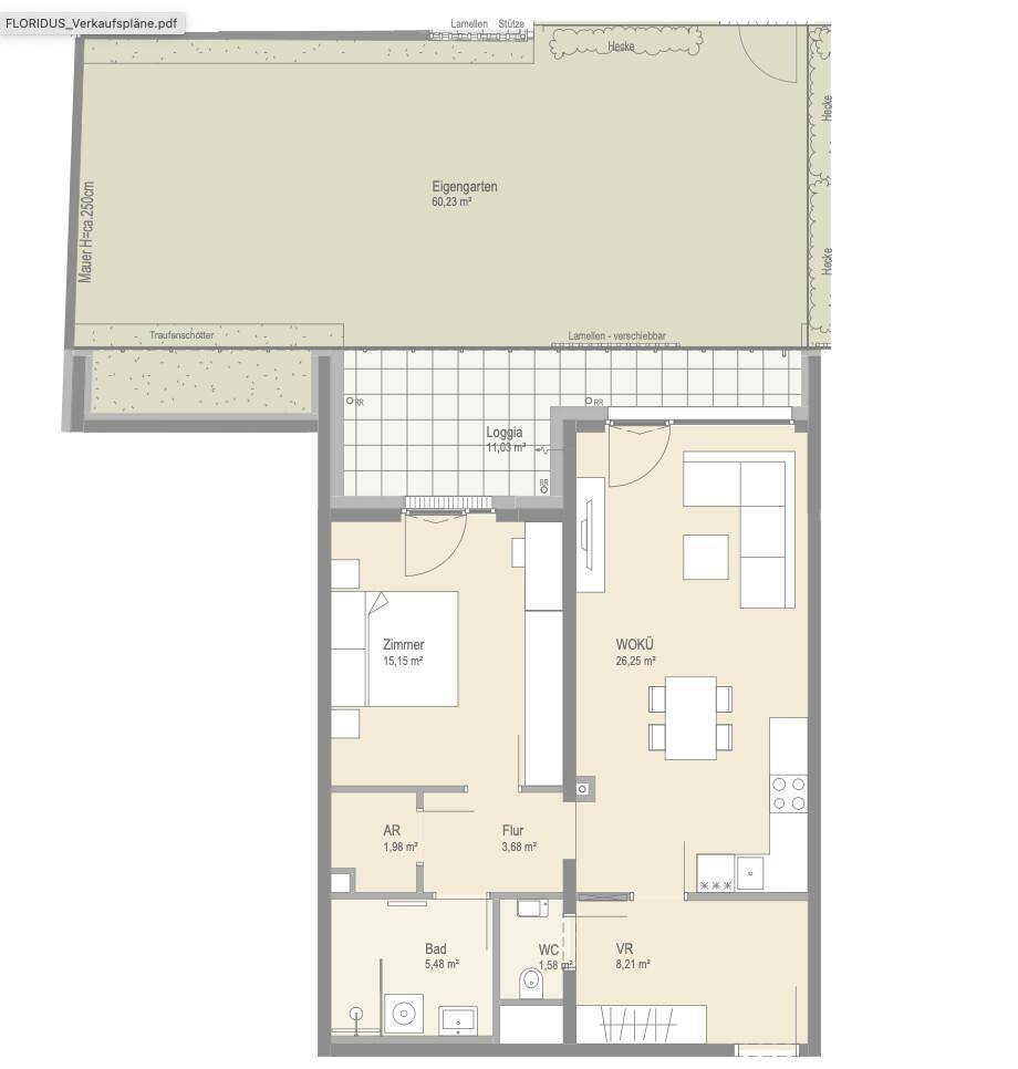 Grundriss einer Wohnung mit Loggia, eigenem Garten und offenem Wohn-Kochbereich.