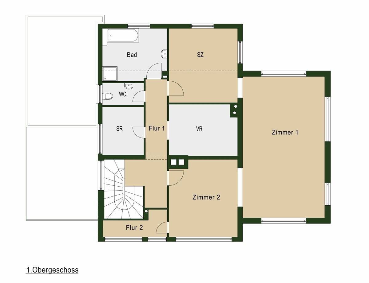 Grundriss des 1. Obergeschosses mit zwei Zimmern, Bad und WC, sowie Flur und Vorraum.