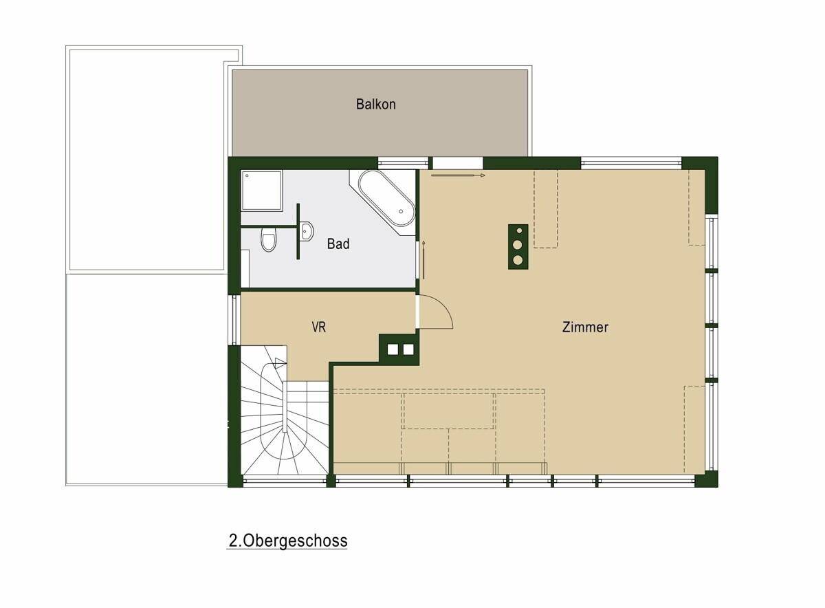 Grundriss des 2. Obergeschosses mit Zimmer, Bad und Balkon, zugänglich über eine Treppe.