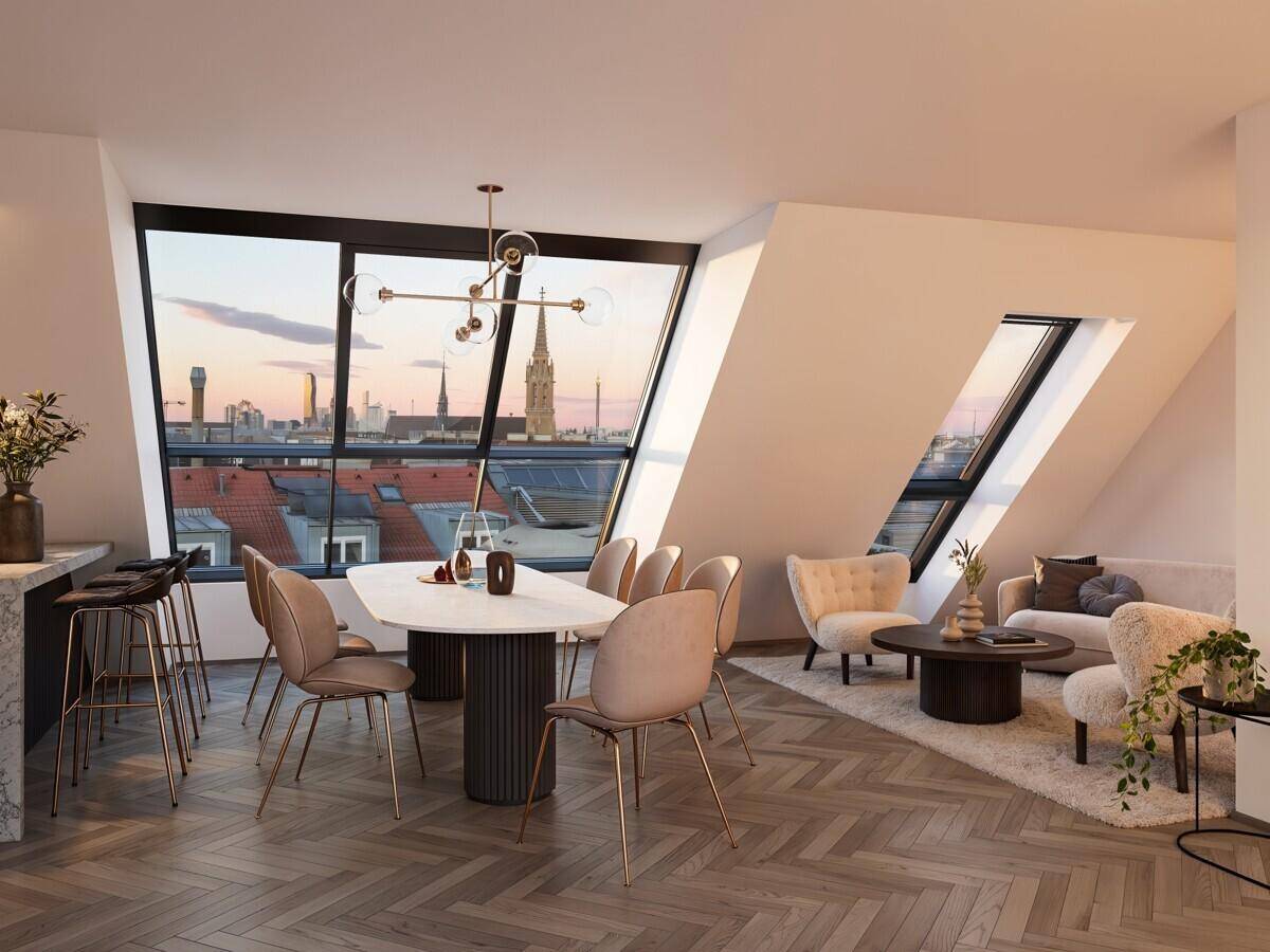 Modernes Wohn-Esszimmer mit Fischgrätparkett, großen Fenstern und Stadtblick bei Sonnenuntergang.