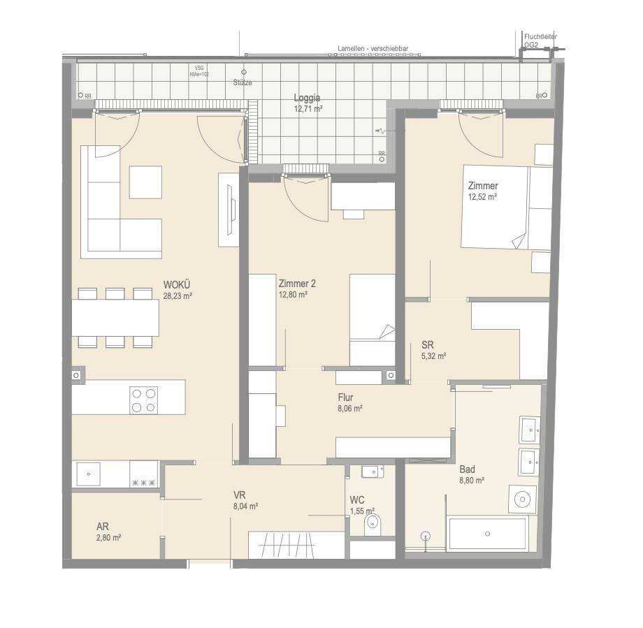Detaillierter Grundriss einer Wohnung mit Loggia, zwei Zimmern und offenem Wohnküchenbereich.