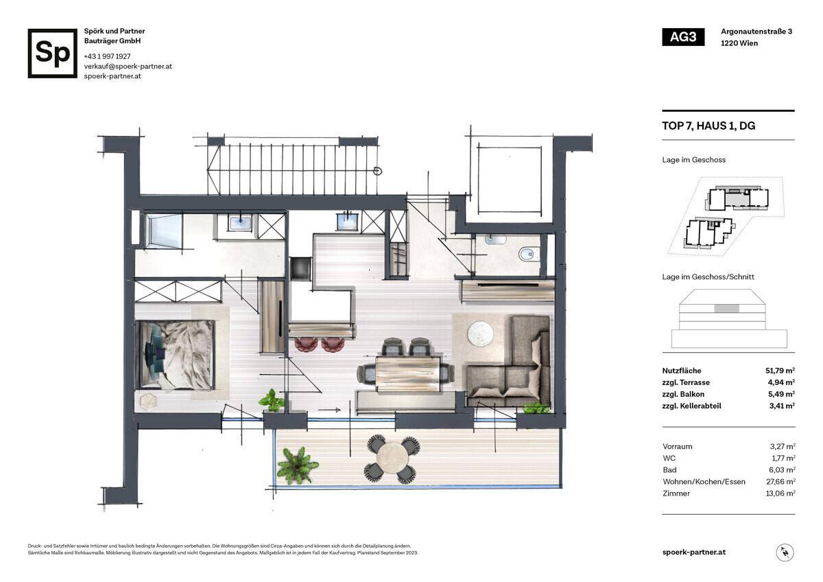 Grundriss einer Wohnung mit offenem Wohnbereich, Schlafzimmer und Balkon.
