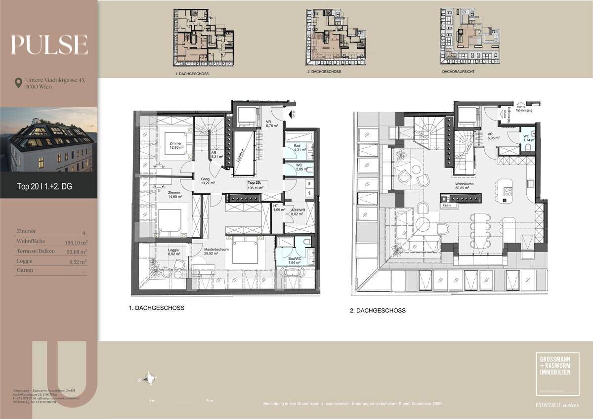 Grundrisse eines zweistöckigen Penthouses mit mehreren Zimmern, Loggia und Terrasse.