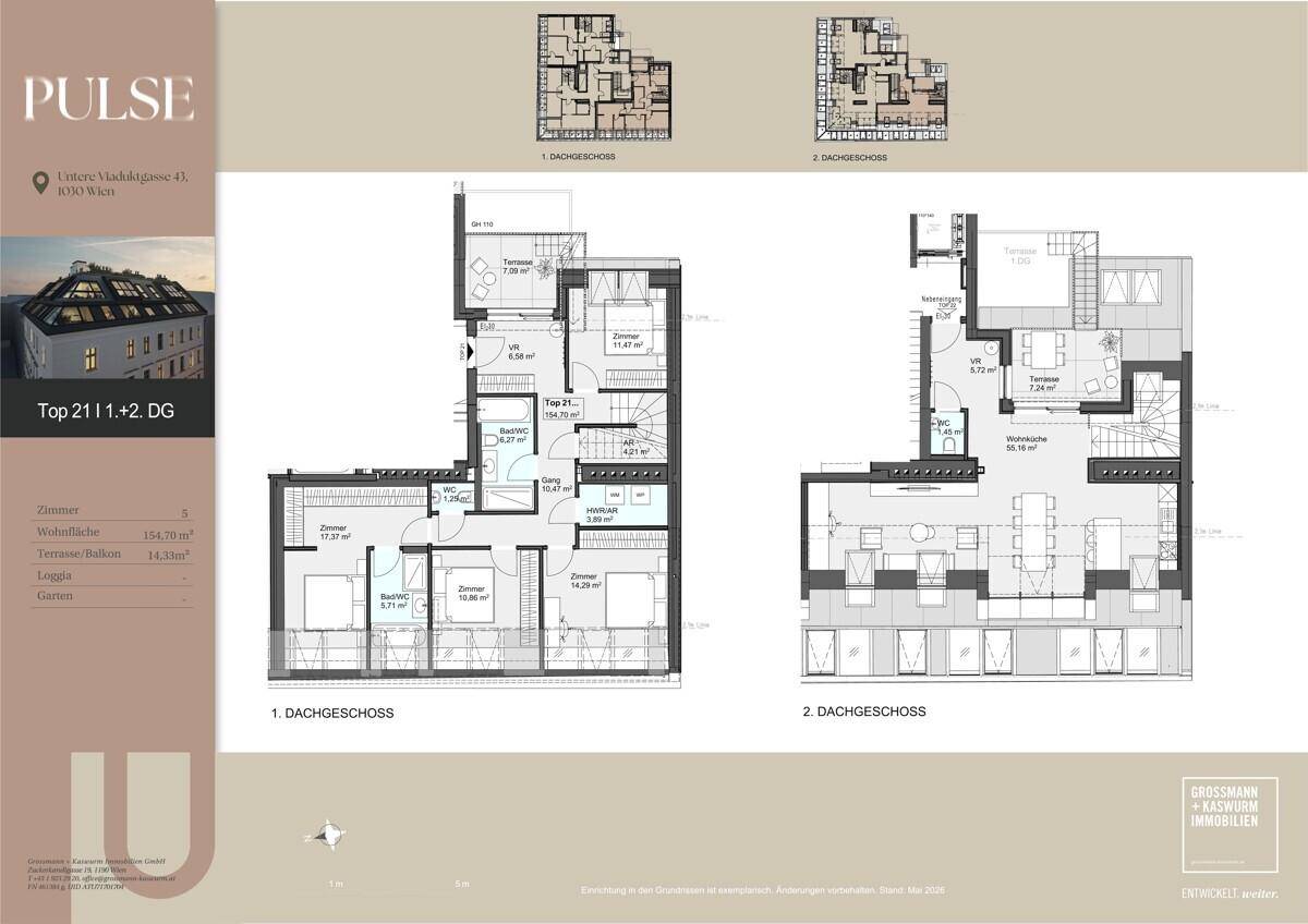 Grundrisspläne zeigen ein zweistöckiges Penthouse mit mehreren Terrassen und offener Wohnküche im Dachgeschoss.