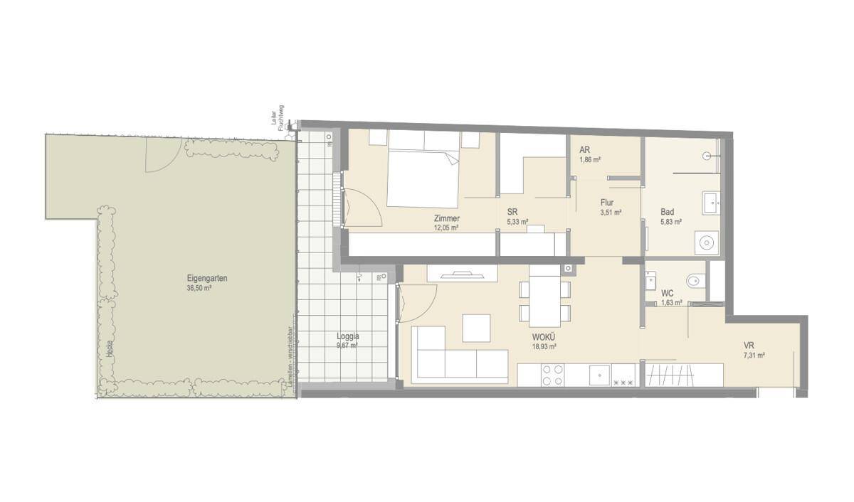 Grundriss einer Wohnung mit Garten, Loggia, Wohnküche, Bad und separatem WC.
