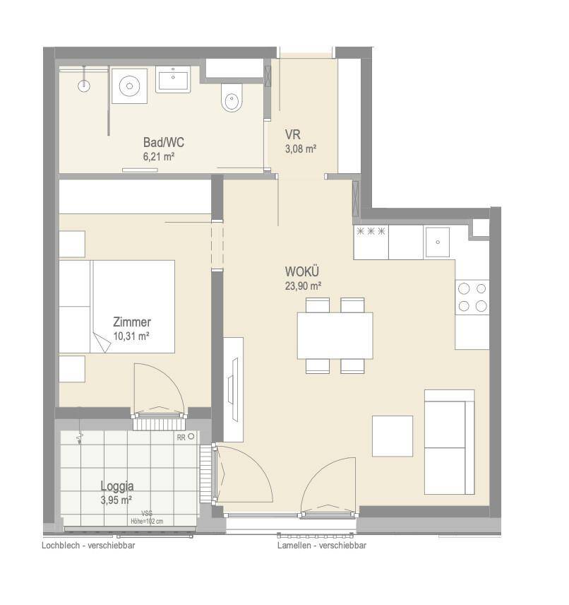 Grundriss einer Wohnung mit Wohnküche, Schlafzimmer, Bad und Loggia.