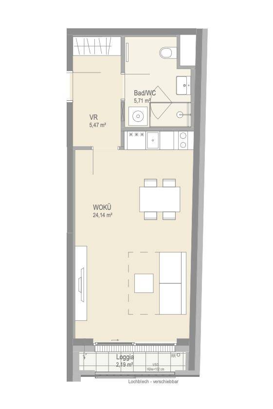 Grundriss einer modernen Wohnung mit Wohnküche, Bad und Loggia, inklusive Flächenangaben.
