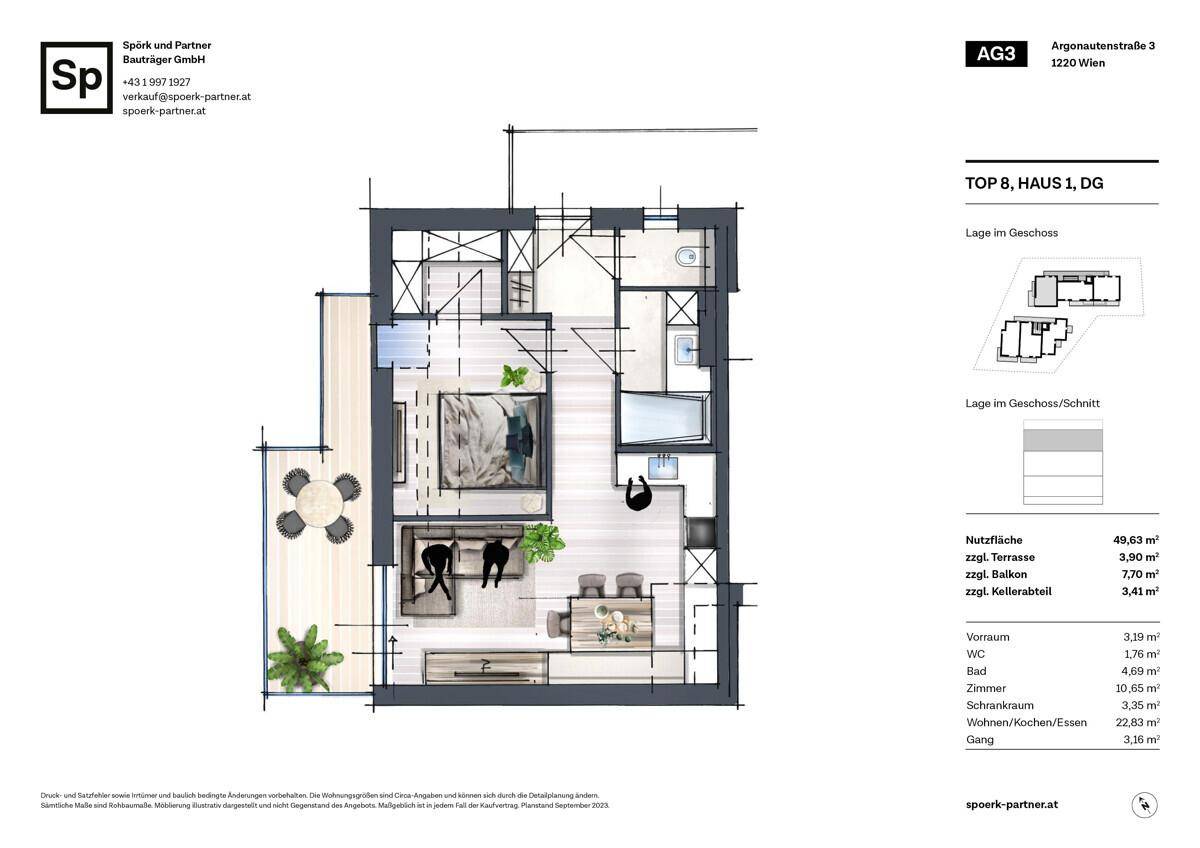 Detaillierter Grundriss einer Wohnung mit offenem Wohnbereich, Schlafzimmer, Bad und Terrasse.