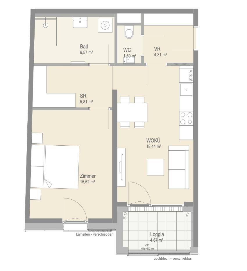 Grundriss einer Wohnung mit Loggia, Schlafzimmer, Bad, WC und offenem Wohn-Kochbereich.