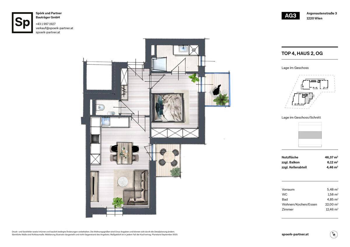 Grundriss einer Wohnung mit offenem Wohnbereich, Balkon und separatem Gäste-WC.