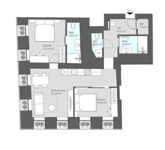Grundriss der Wohnung mit zwei Schlafzimmern, Wohnküche und zwei Bädern.
