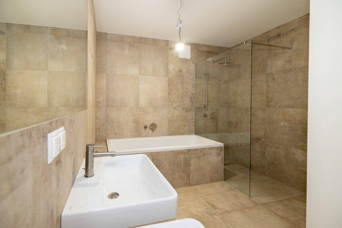 Elegantes Badezimmer mit begehbarer Dusche, Badewanne und modernem Einzelwaschbecken.