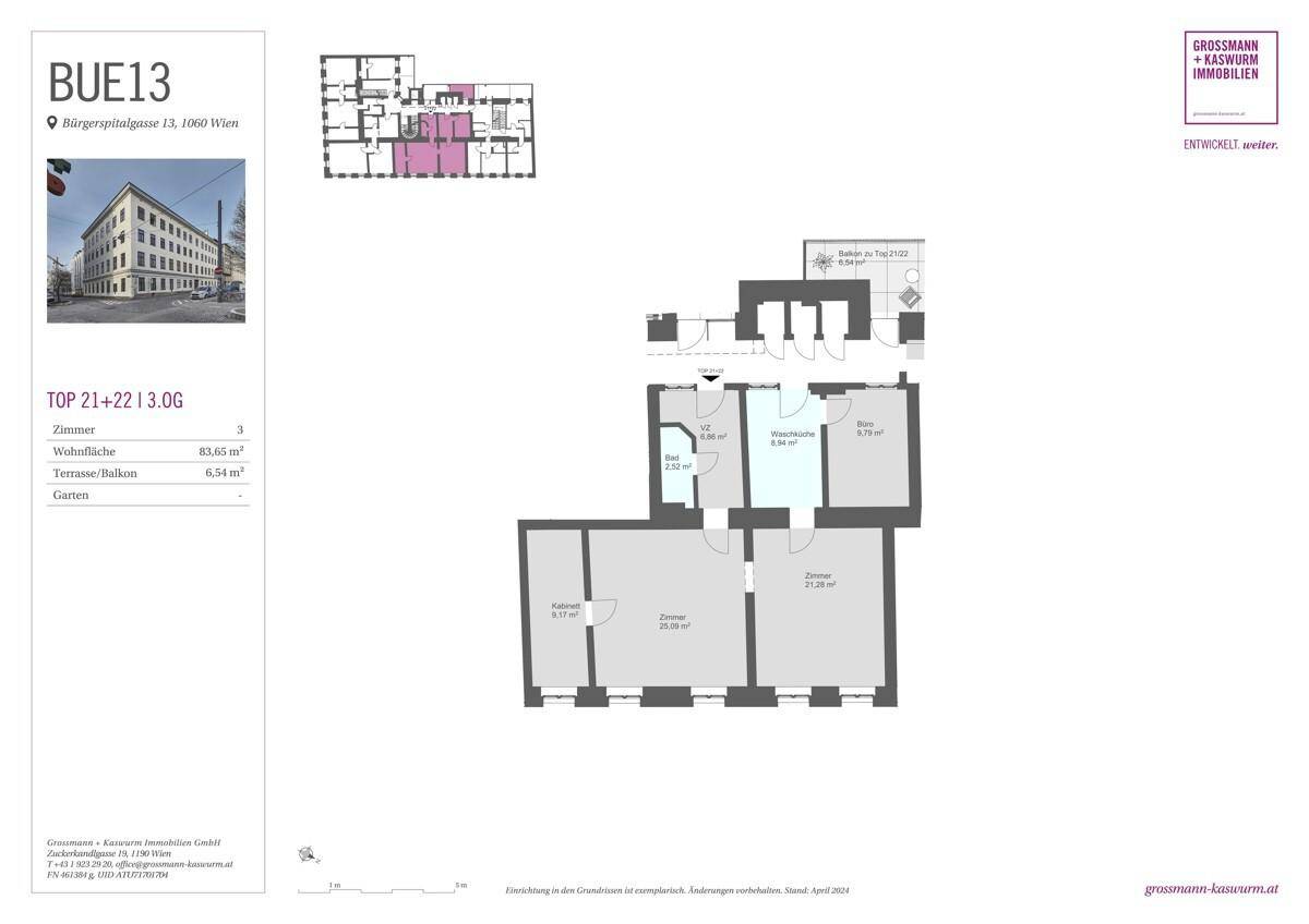 Grundrissplan einer Wohnung mit drei Zimmern, Wohnfläche von 83,65 m² und Balkon.