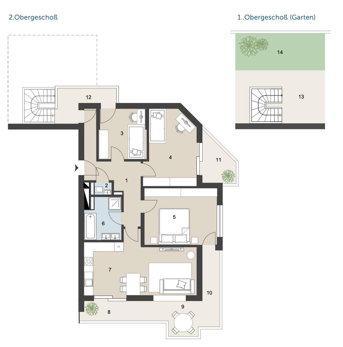 Grundriss der Wohnung mit offenem Wohnbereich, mehreren Zimmern und Balkon.