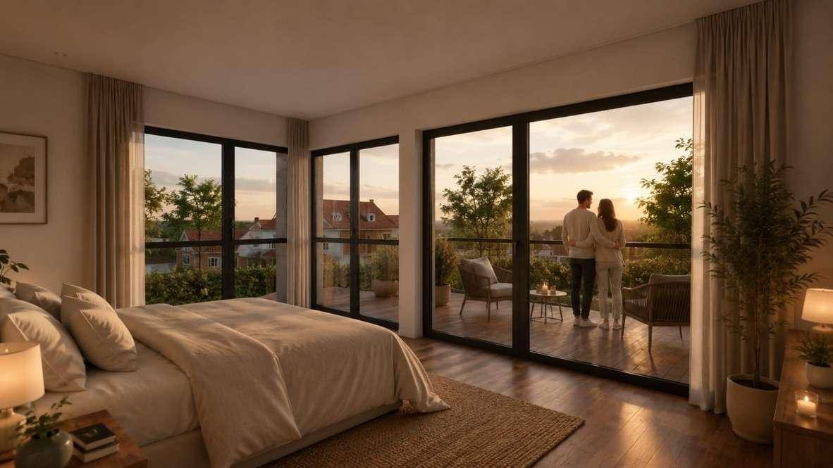 Gemütliches Schlafzimmer mit Holzboden, Balkonzugang und malerischem Sonnenuntergangsblick.