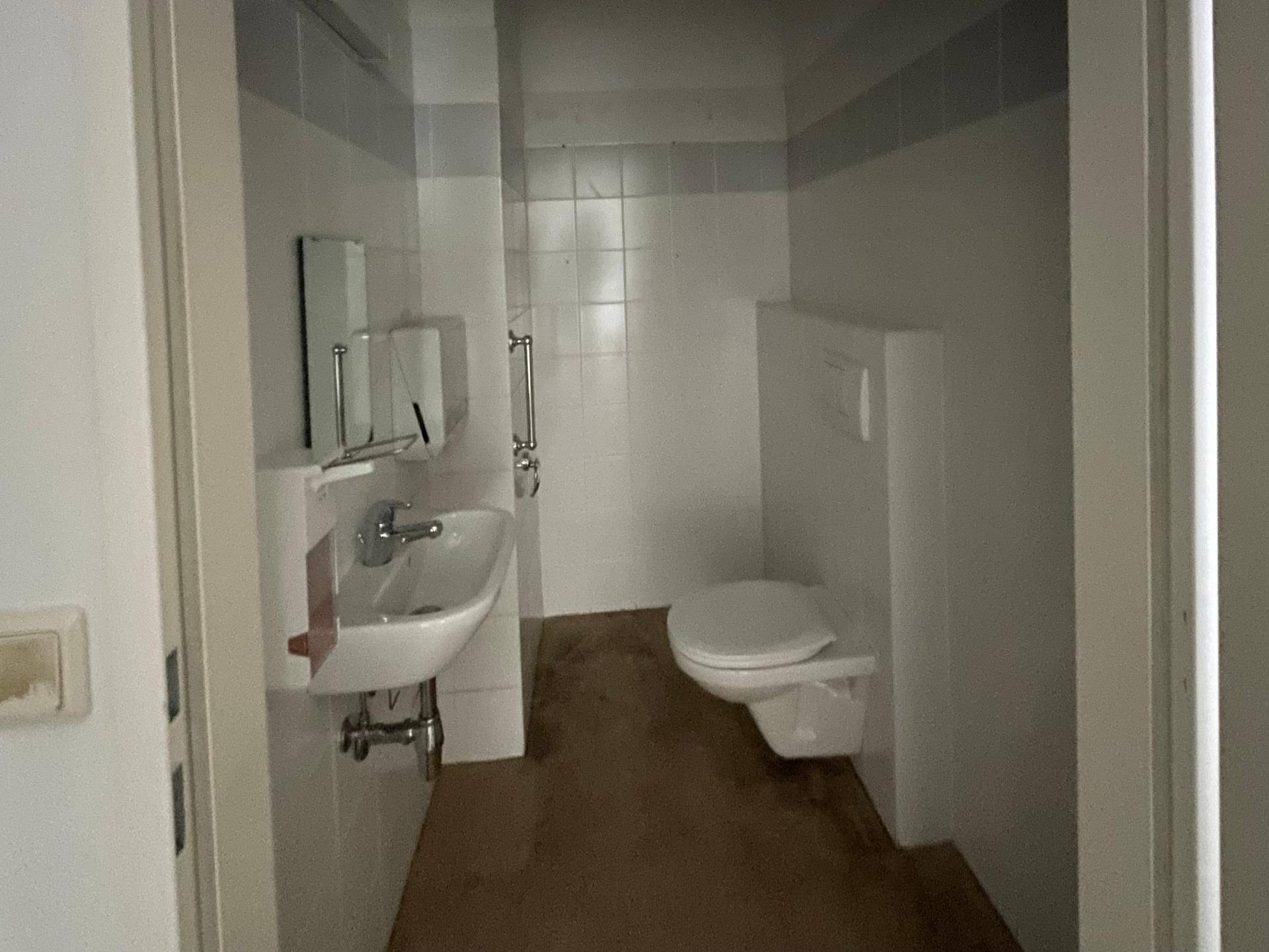 Kleines Badezimmer mit Wand-WC, Waschbecken und Haltegriffen für Barrierefreiheit.