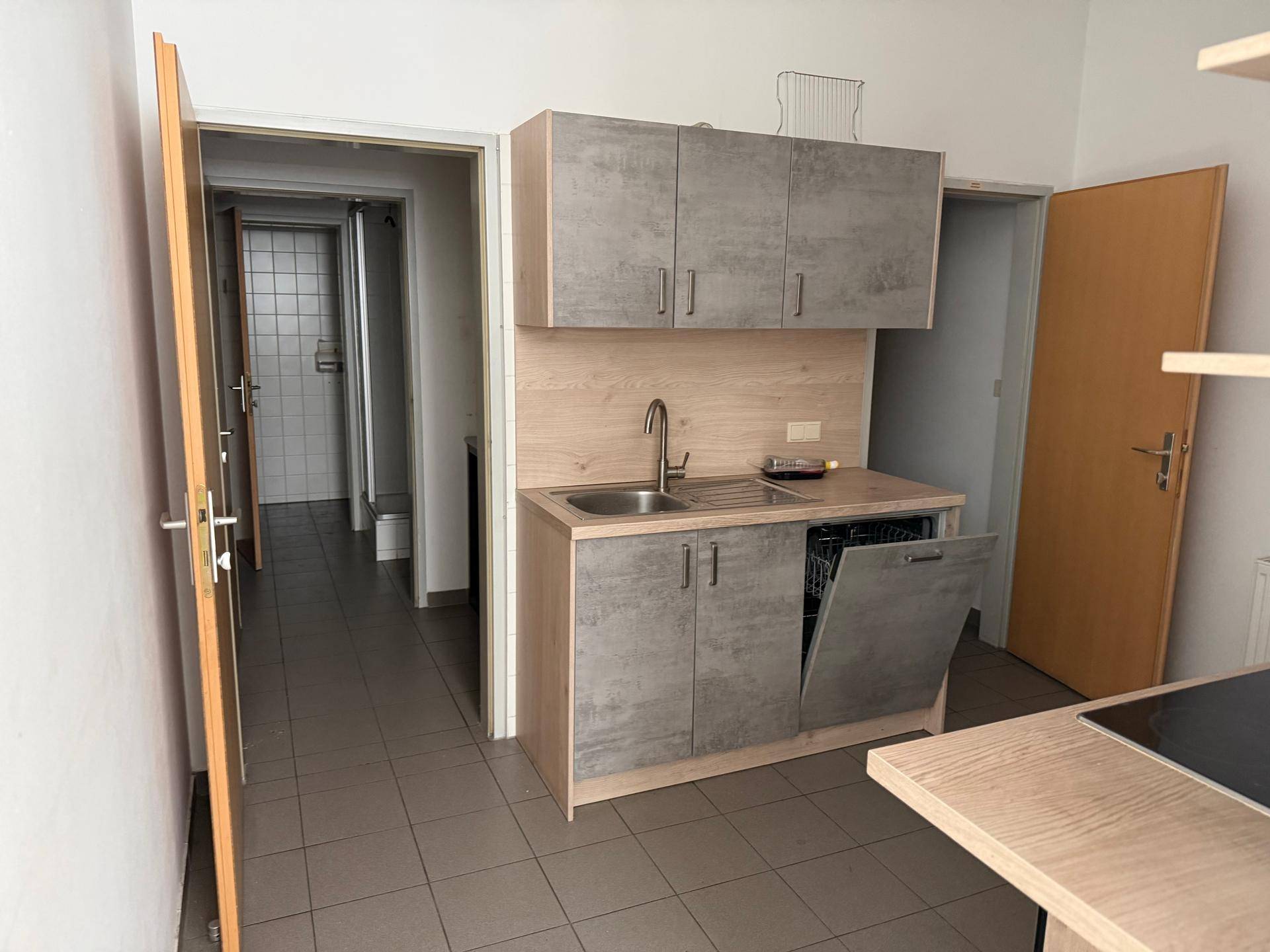Kleine Küchenzeile mit Spüle, Geschirrspüler und Hängeschränken in einem kompakten Raum.