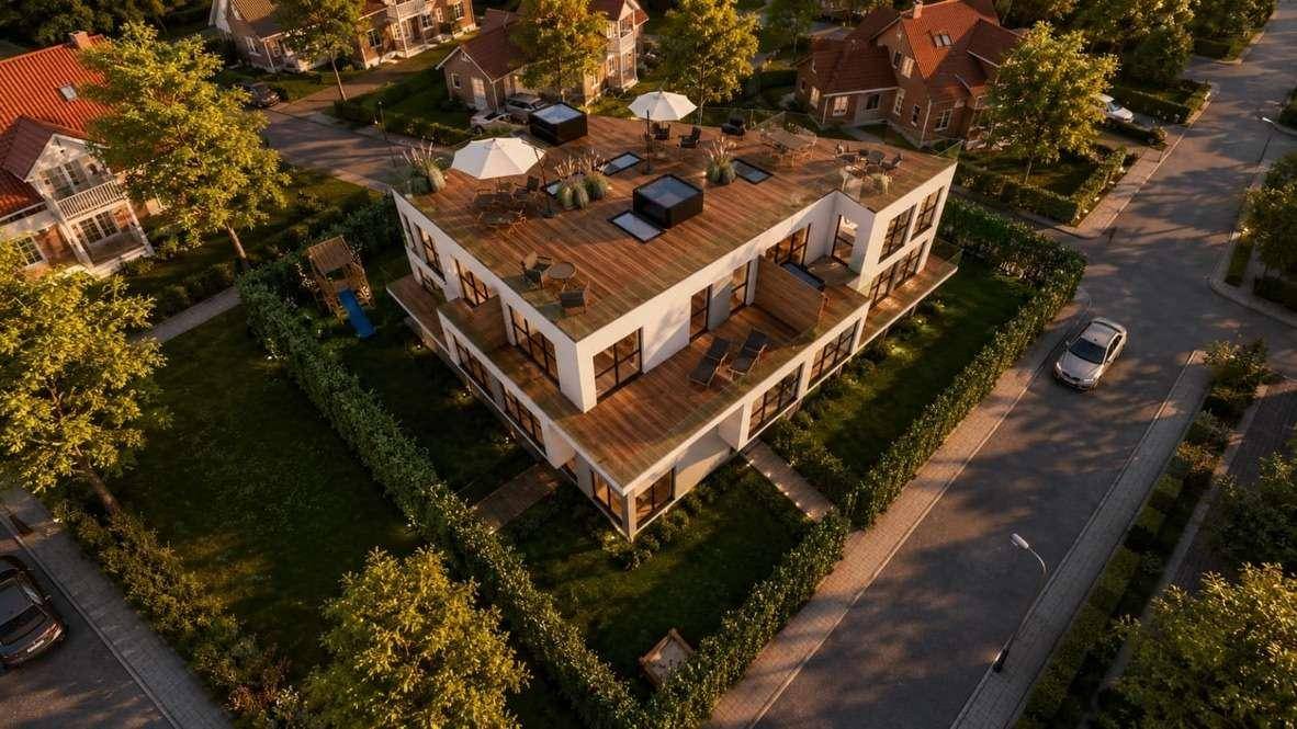 Ansicht der modernen Wohnanlage von oben mit weitläufiger Dachterrasse und gepflegtem Garten.