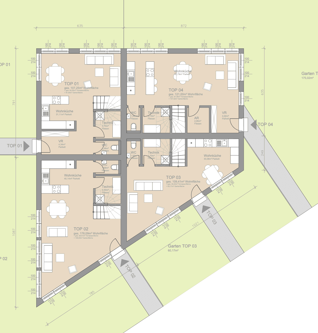 Grundriss des Erdgeschosses mit vier Wohneinheiten, offenen Wohnbereichen und Gärten.