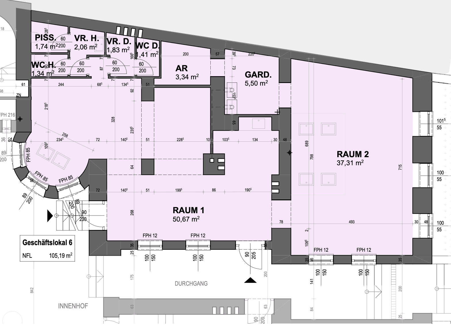 Detaillierter Grundriss eines Geschäftslokals mit mehreren Räumen und Gesamtfläche von 105,19 m².
