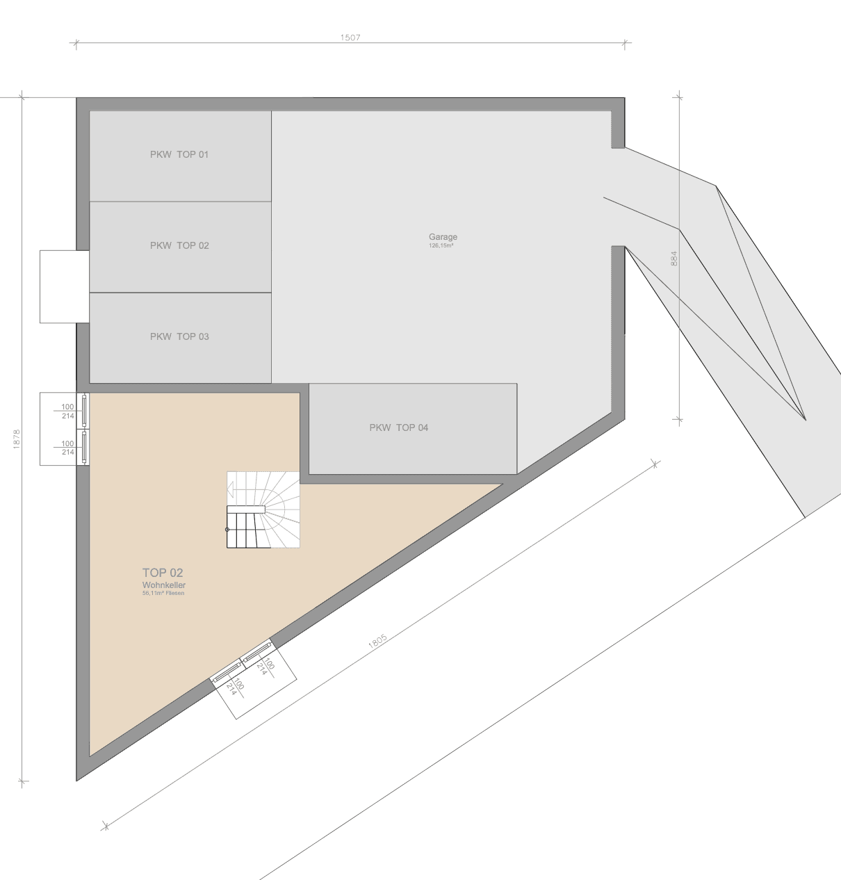 Grundriss des Untergeschosses mit Tiefgarage und Abstellräumen für die Wohneinheiten.