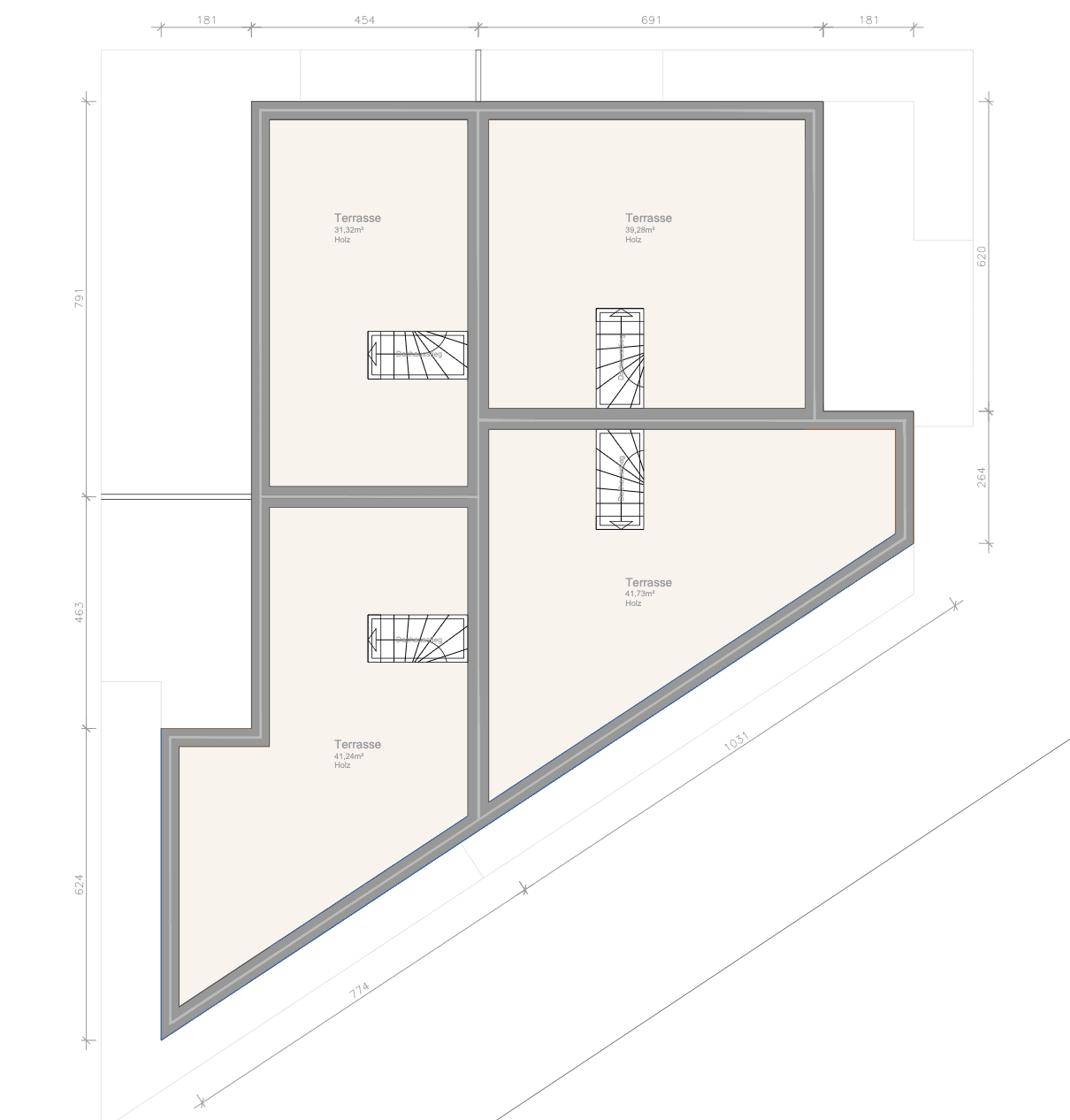 Grundriss der Dachgeschossebene mit mehreren Terrassenbereichen und Treppenaufgängen.