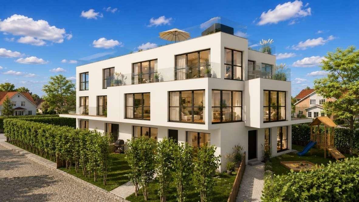 Moderne Wohnanlage mit weißer Fassade, großen Fenstern und gepflegtem Gartenbereich.
