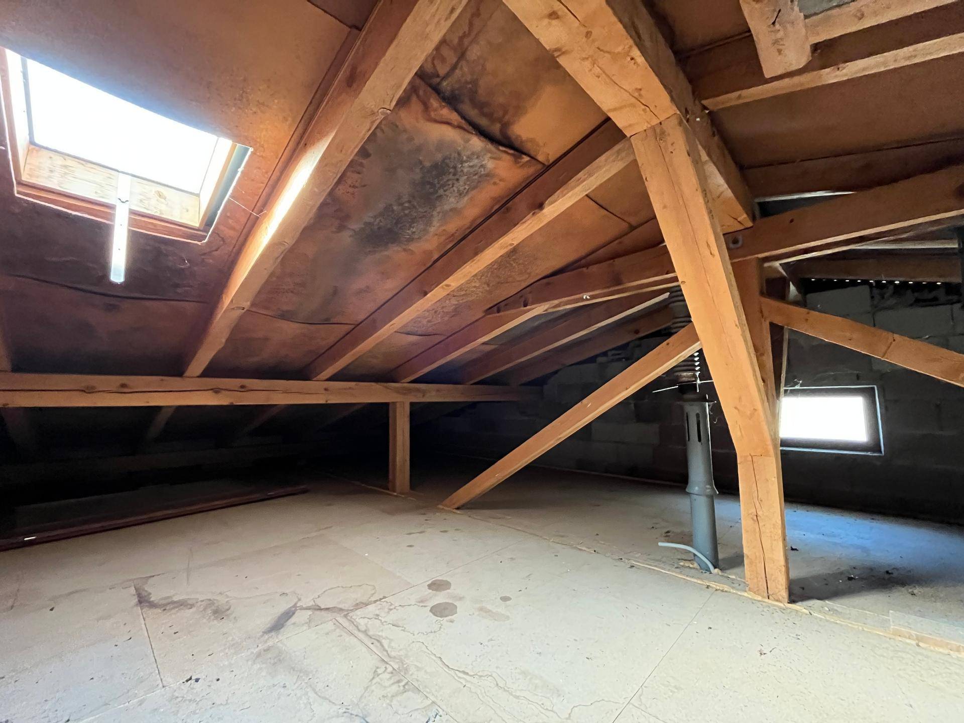 Heller Dachboden mit sichtbaren Holzbalken und Dachfenster, das viel Tageslicht hereinlässt.