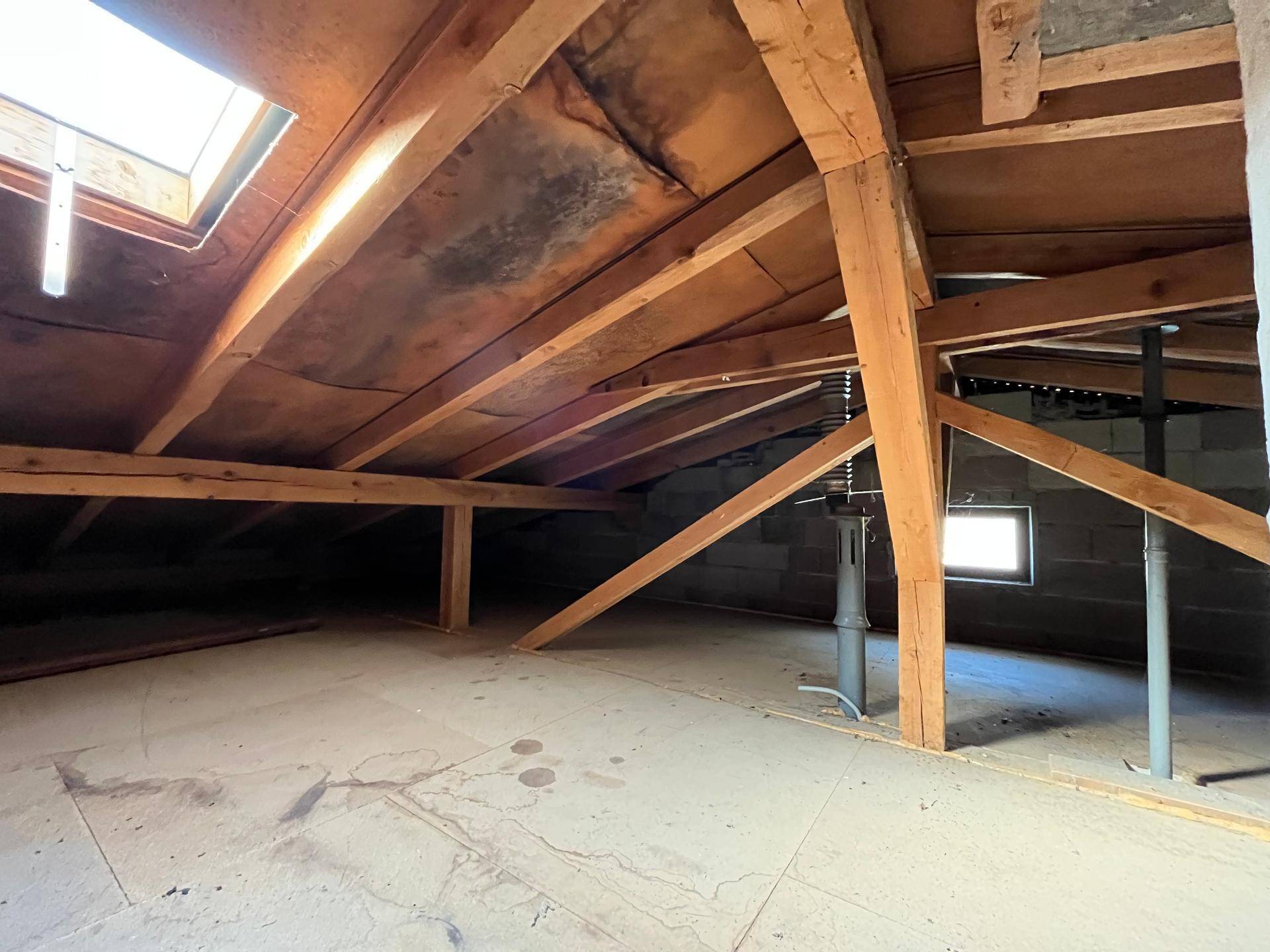 Geräumiger Dachboden mit sichtbaren Holzbalken und Dachfenster, das Tageslicht spendet.