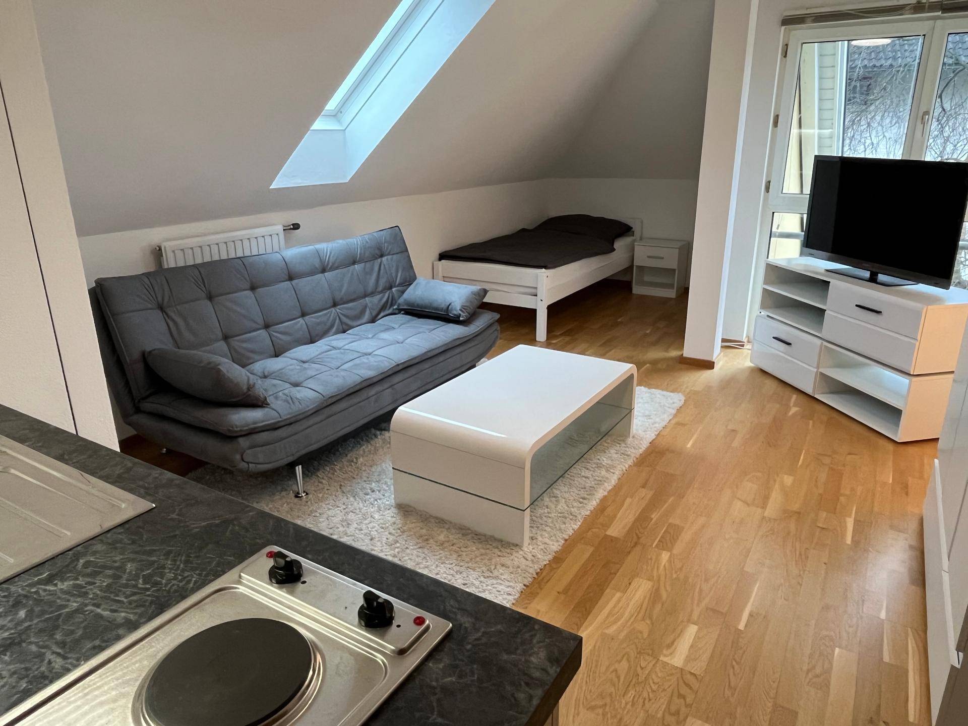 Gemütliches Studio-Apartment im Dachgeschoss mit Schlafsofa, Bett und Kochnische.