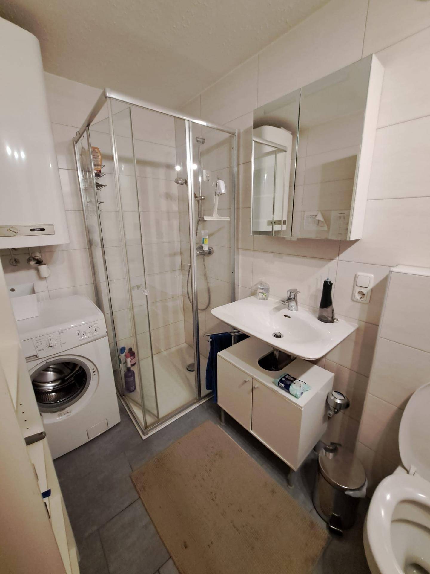 Modernes Badezimmer mit Duschkabine, Waschbecken, Spiegelschrank und Waschmaschine.
