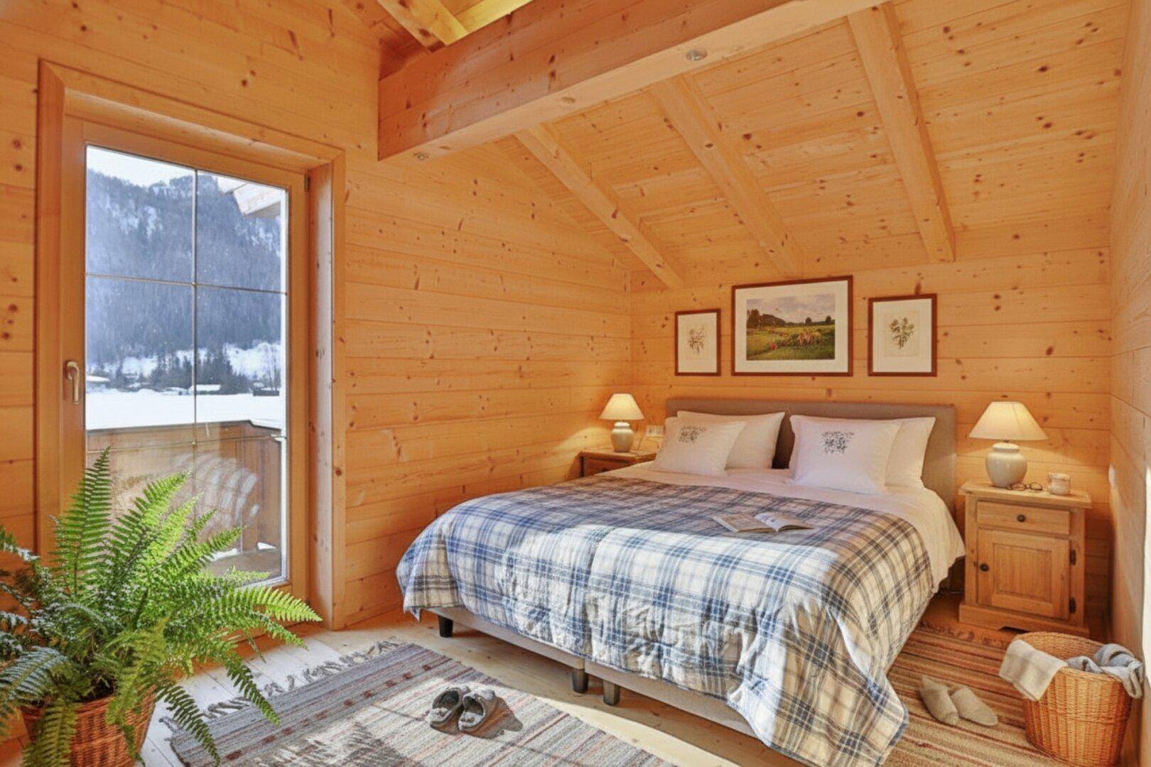 Helles Schlafzimmer mit Holzwänden, Balkonzugang und Blick auf die verschneite Landschaft.