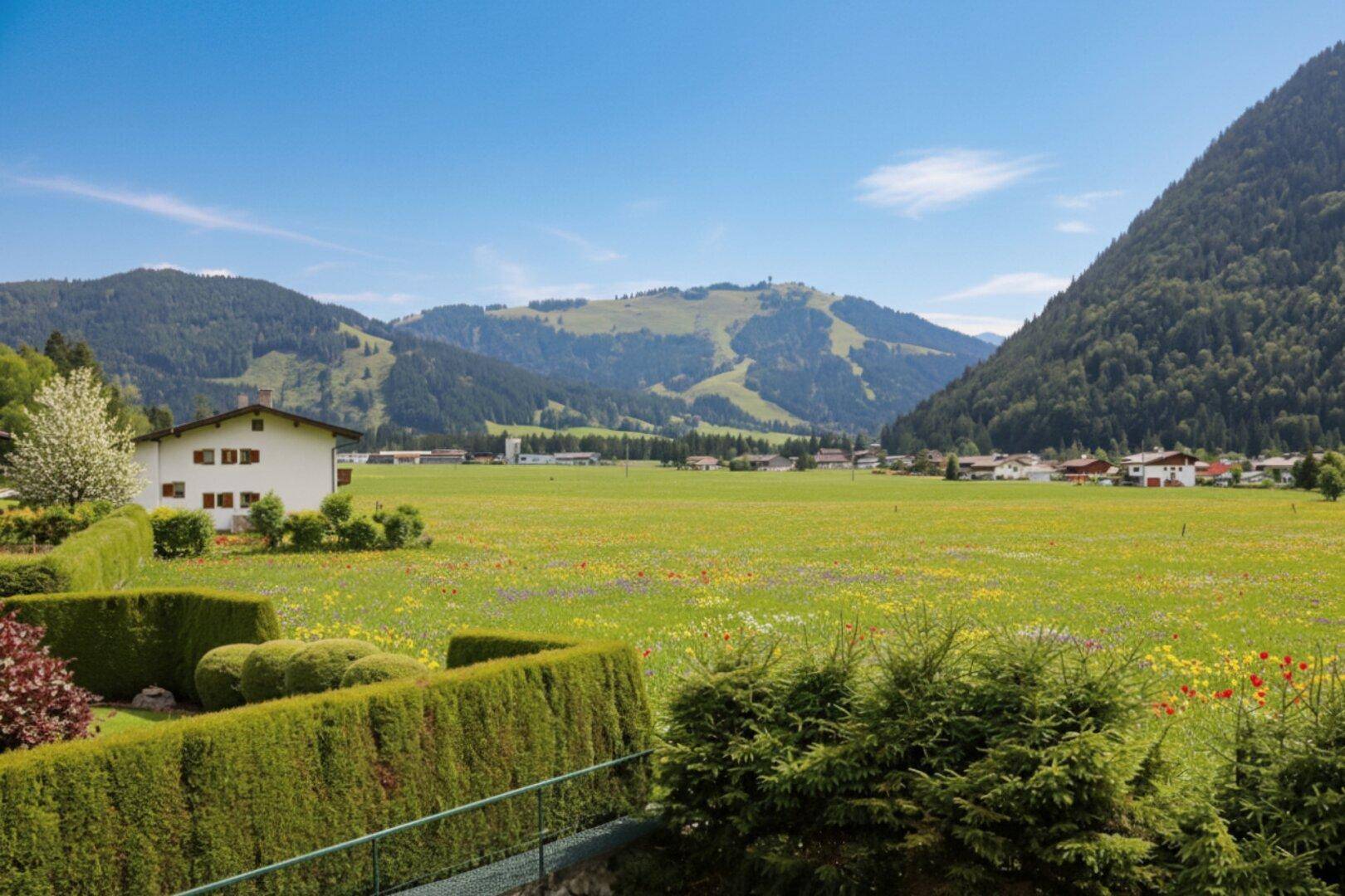 Weitläufiger Blick über grüne Wiesen und Täler mit majestätischen Bergen im Hintergrund.