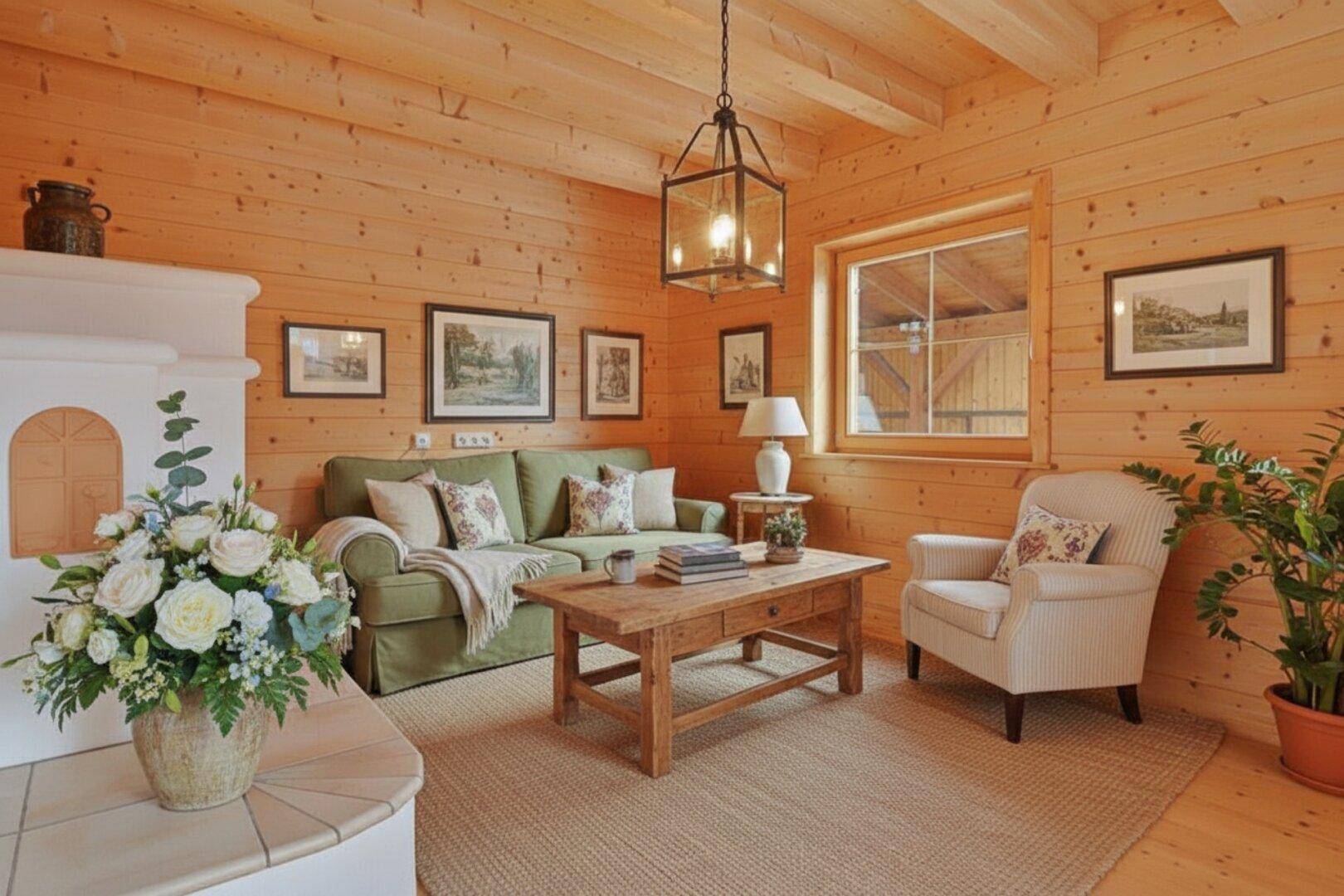 Gemütliches Wohnzimmer im alpinen Stil mit Holzwänden, Kachelofen und bequemen Sitzmöbeln.