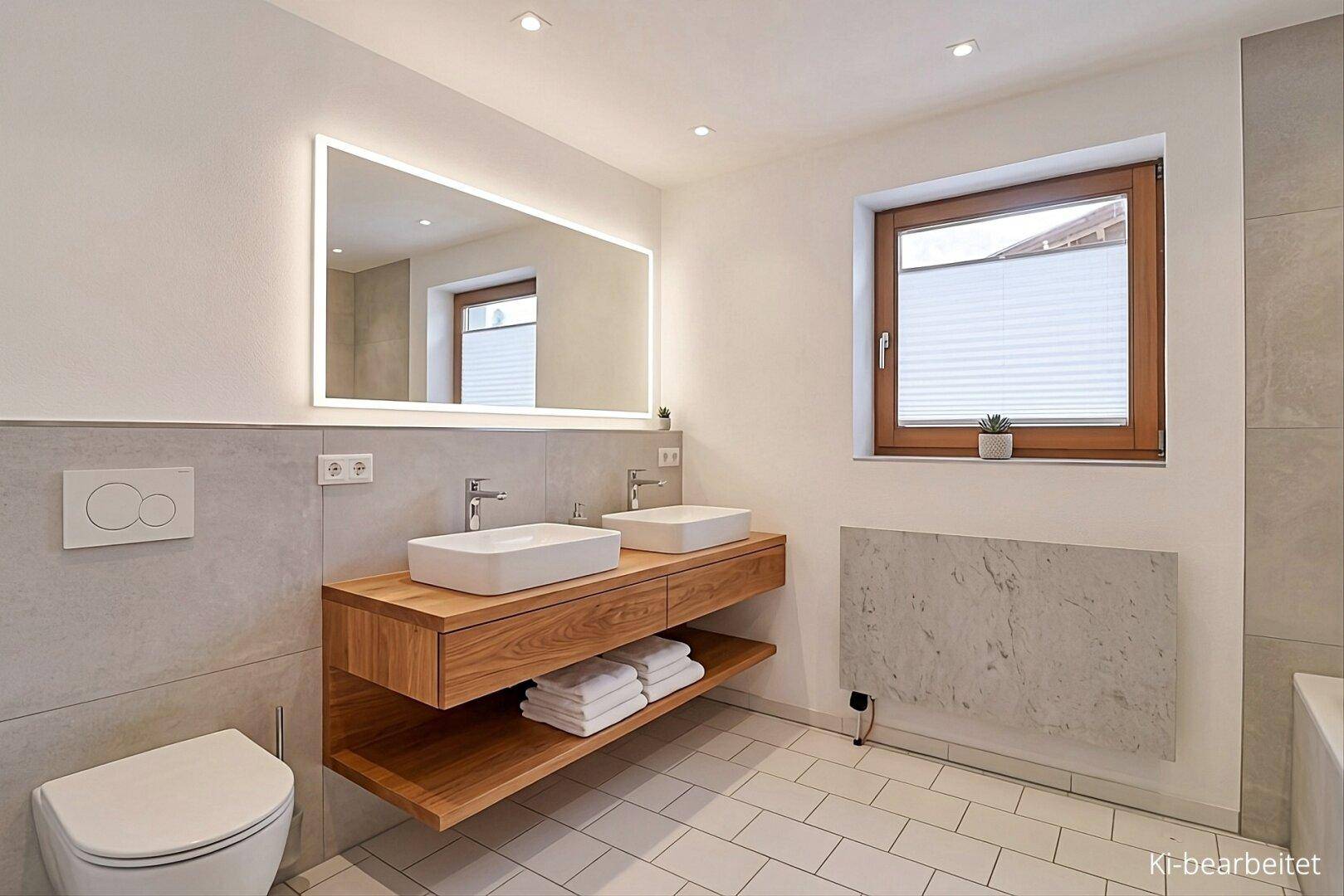 Modernes Badezimmer mit Doppelwaschbecken, beleuchtetem Spiegel und Wand-WC.