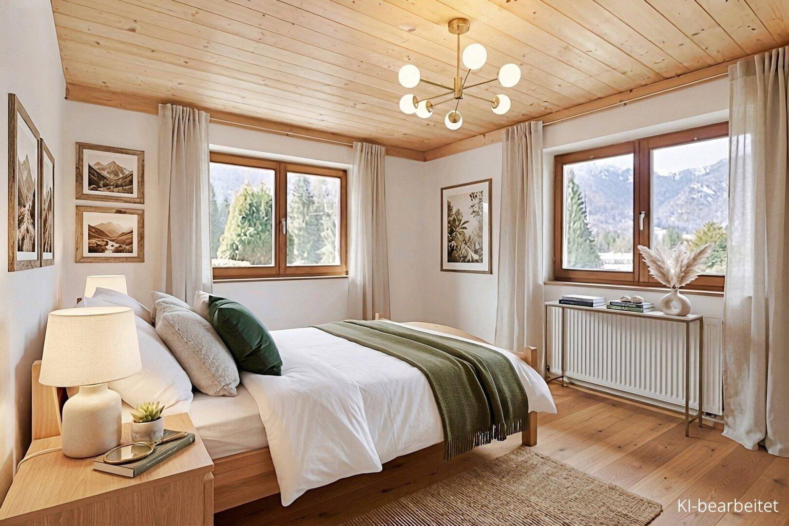Schlafzimmer mit Holzdecke, gemütlichem Bett und weitem Blick auf die umliegende Berglandschaft.